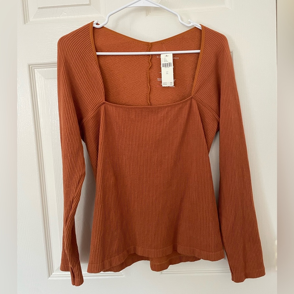 Anthropologie Square Neck Long Sleeve Top Rust Orange Size XL NEW